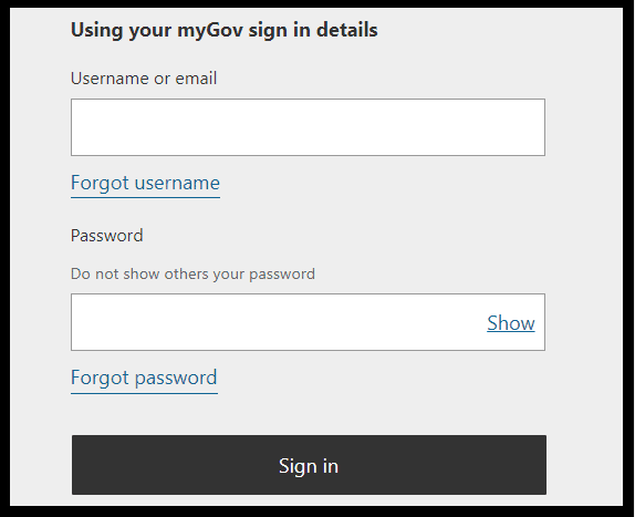 myGov login screen